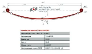 Лист ГАЗ 1 задний ГАЗель 3302-2912015-11-10 с шарниром L=1570x74,8x16,2