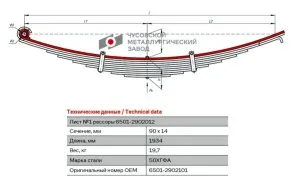Лист МАЗ 1 передний L=1930x90x12 10-ти листовой  рессоры н.о. с шарнирами 6501-2902052