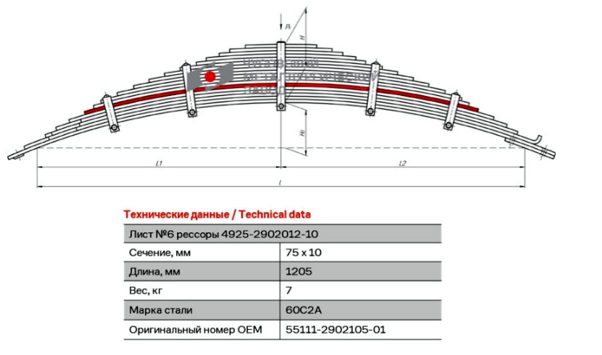 Лист КАМАЗ 5 передний L=1205x75x10 55111-2902105-01