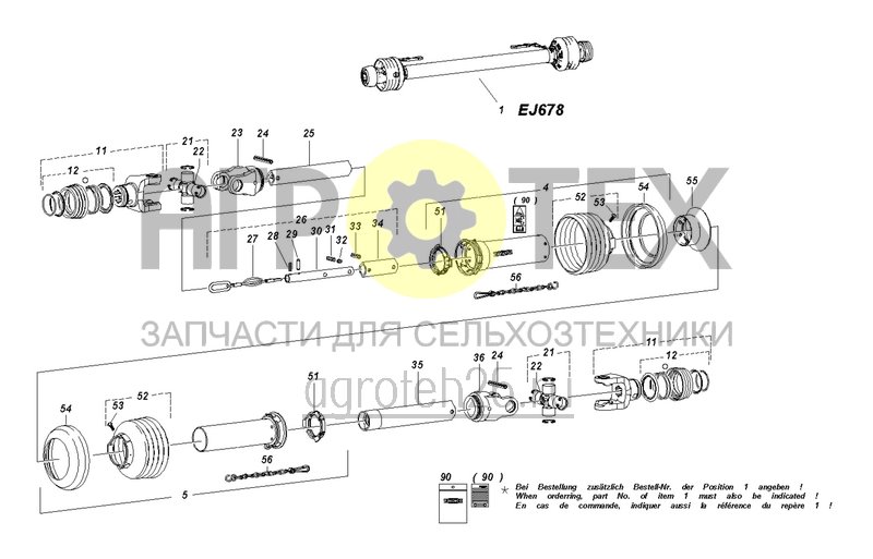 Чертеж  Карданный вал EJ678 - W100E 810 мм телескопический, 1 3/8 дюйм, 6-шлицевой (ETB-0000005667) 