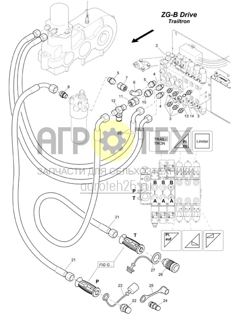 Чертеж  (RUS)Steuerung Drive Trailtron Hydraulikanschl?sse (ETB-000802) 