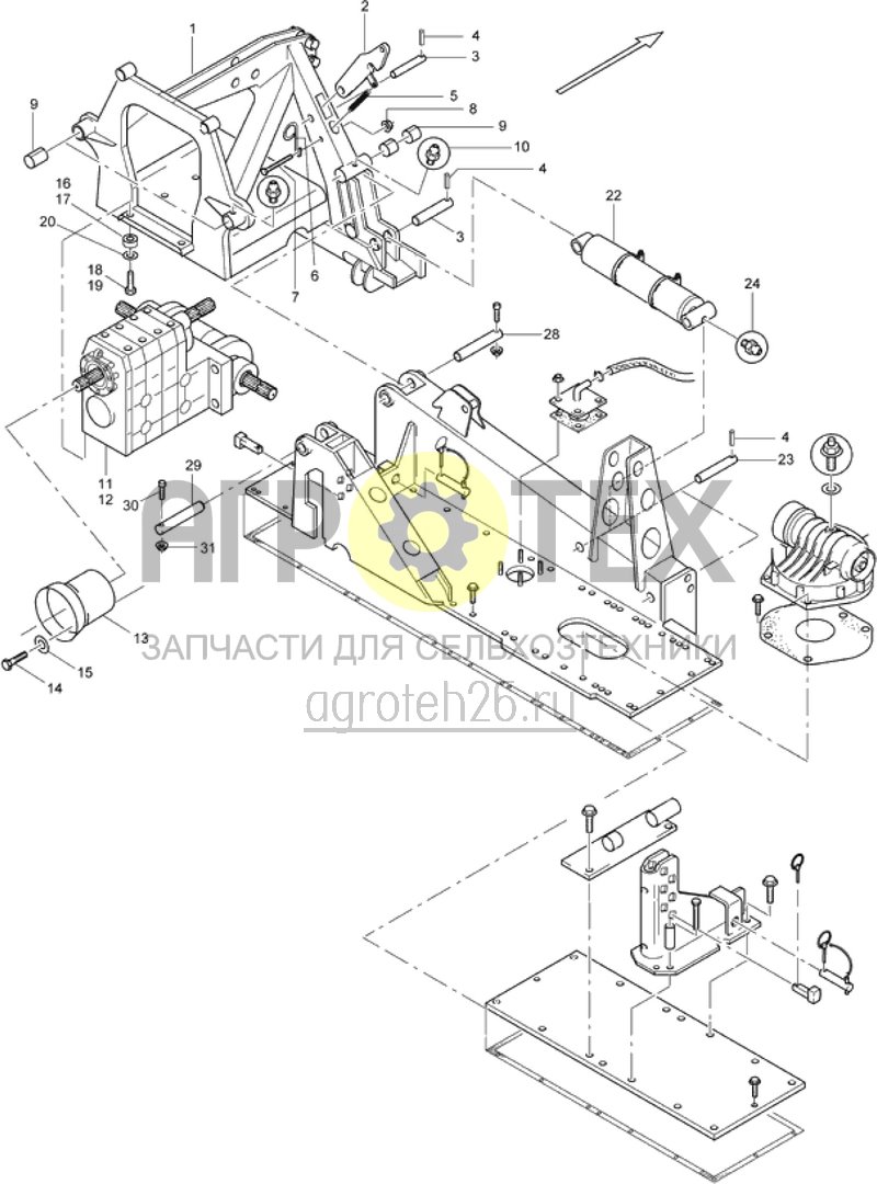  средняя часть рамы, гидроцилиндры, основной редуктор (ETB-009525)  (№0 на схеме)