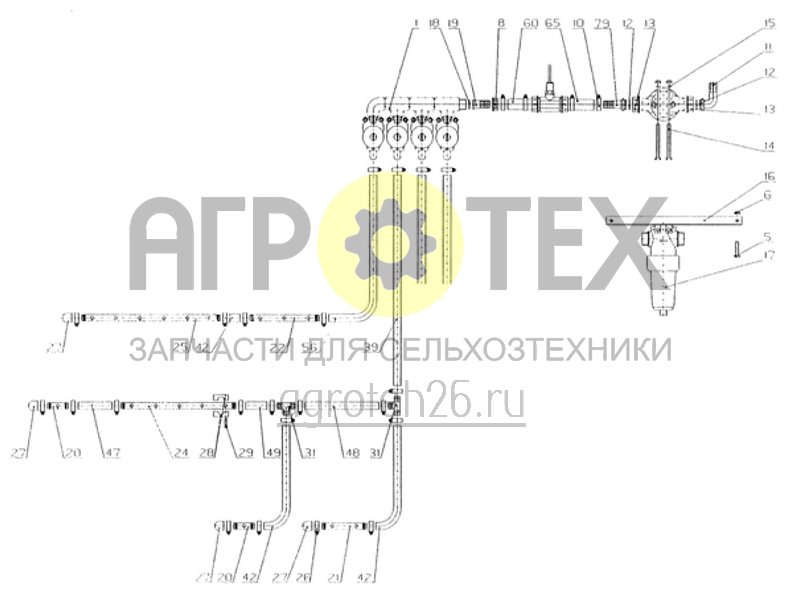 Чертеж  трубопровод полевого опрыскивателя 18м - 4 секции (ETB-010823) 