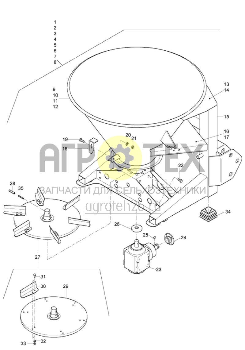 рама и резервуар, диски разбрасывателей и редуктор (ETB-015812)  (№22 на схеме)