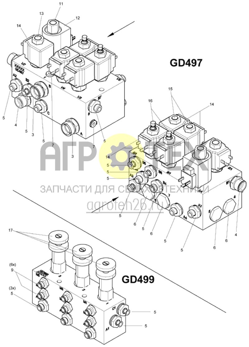 Чертеж  гидр. детали блока управления-винтовые соединения GD497 / GD499 (ETB-017025) 