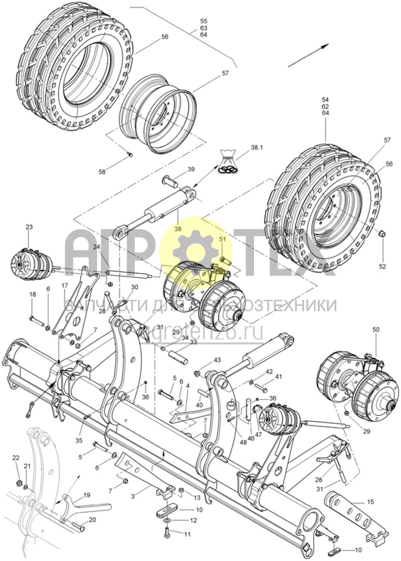  Балансир шасси, колесо, скребок (ETB-019105)  (№51 на схеме)