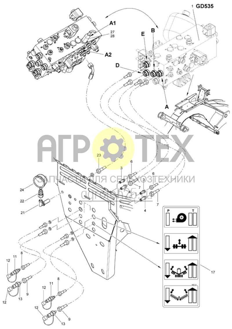  Гидравлич. детали, выглубление и складывание машины - спереди/ давление рабочая позиция (ETB-019168)  (№23 на схеме)