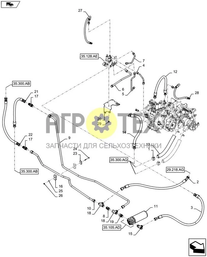35.105.AC - ГИДРАВЛИЧЕСКЯ СИСТЕМА, МАСЛООХЛАДИТЕЛЬ, ВОЗВРАТНЫЕ ТРУБОПРОВОДЫ И ФИЛЬТР, 6 CYL DRAPER (№25 на схеме)