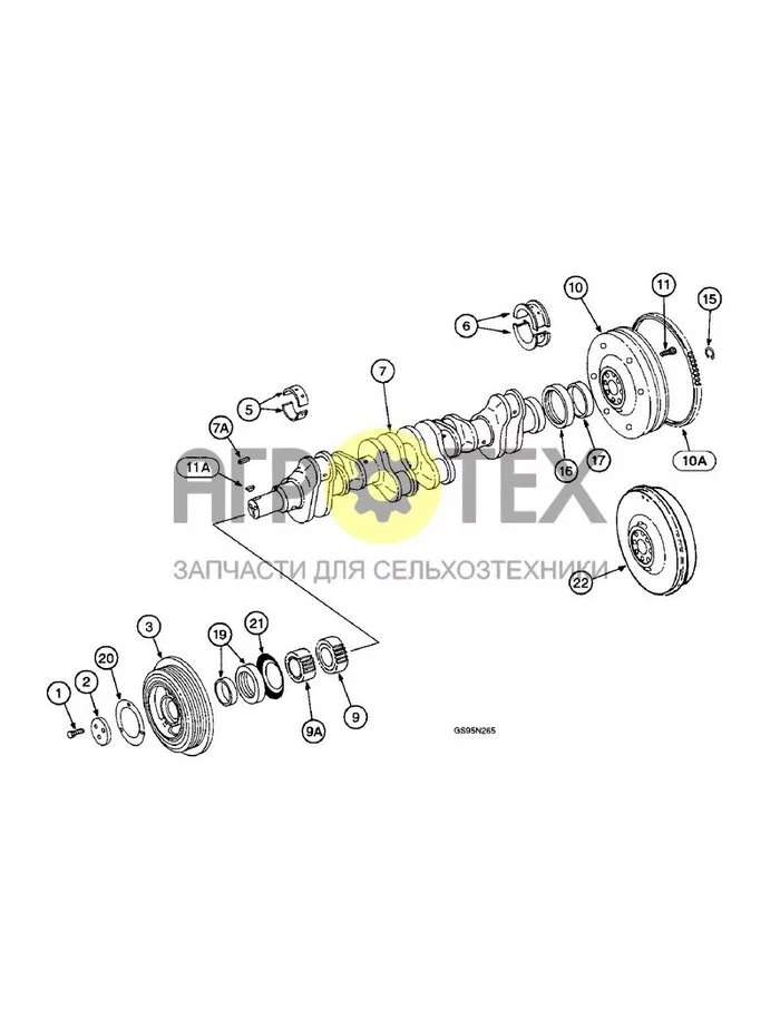 9E-022 - CRANKSHAFT, FLYWHEEL AND BEARINGS, ALL MACHINES EXCEPT 4366 AND 4386 TRACTORS (№1 на схеме)