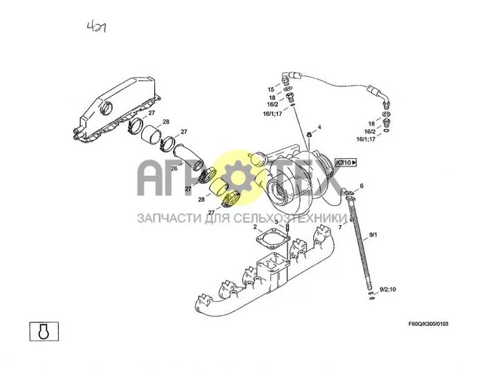 K300 - ДВИГАТЕЛЬ, ТУРБОНАДДУВ, РАЗЛИЧНЫЕ КОМПОНЕНТЫ (№4 на схеме)