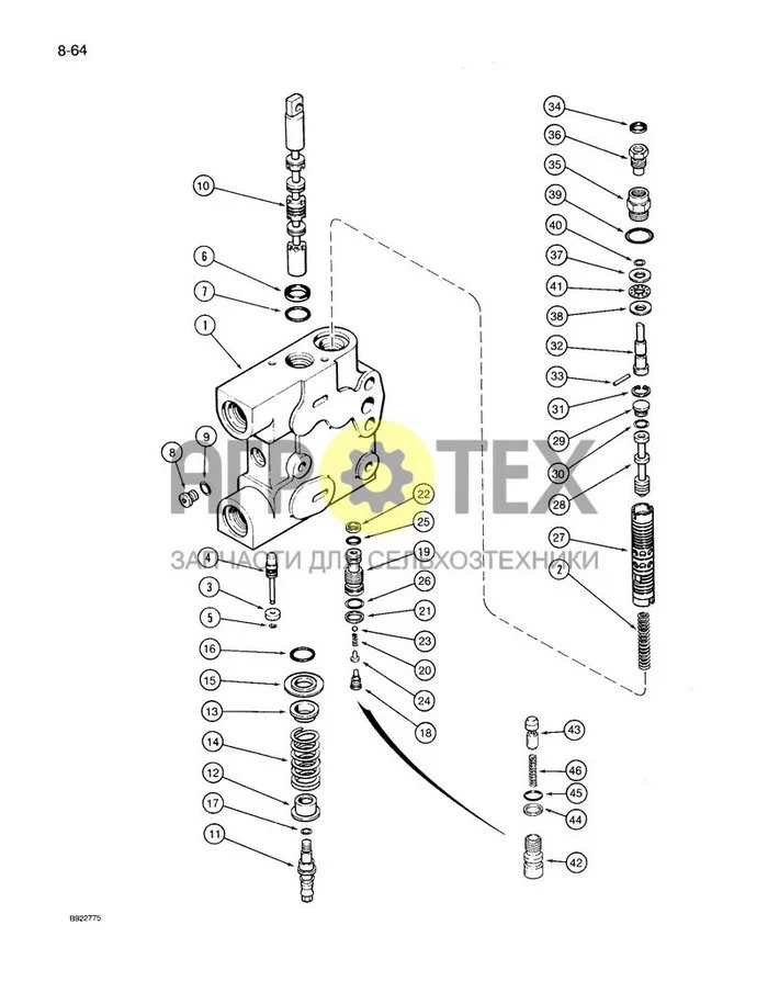 8-064 - HYDRAULIC REMOTE VALVE ASSEMBLY, SECOND, THIRD AND FOURTH REMOTE WITH LOAD CHECK (№43 на схеме)