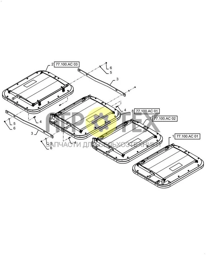 77.100.AC[01] - 555-580 BUSHEL TANK LID INSTALLATION ; (Var) 3CP02EB, 3CP02ED, 3CP02EE, 3CP02EF, 3CP02EG, 3CP02EH, 3CP02FB, 3CP02FD, 3CP02FE, 3CP02FF, 3CP02FG, 3CP02FH, 3CP02MA, 3CP02MC, 3CP02NA, 3CP02NC, 3CP02VA, 3CP02VB, 3CP02VC, 3CP02VD, 3CP02XA, 3CP02 (№6 на схеме)