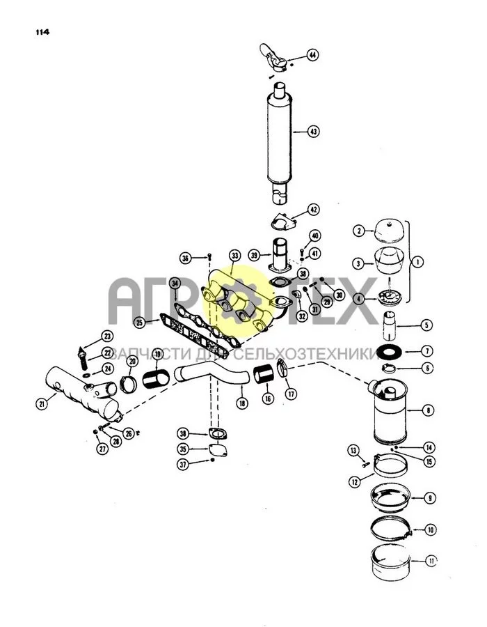 114 - ВОЗДУХООЧИСТИТЕЛЬ, КОЛЛЕКТОР И ГЛУШИТЕЛЬ, ДО S/N 8262800, МОДЕЛЬ 430, ДИЗЕЛЬНЫЙ ДВИГАТЕЛЬ 188 (№30 на схеме)