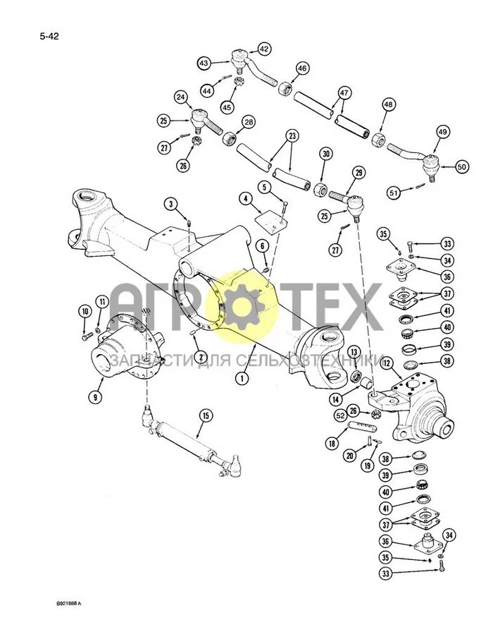 5-042 - FRONT AXLE HOUSING, STEERING KNUCKLE AND TIE ROD, MFD TRACTOR (№10 на схеме)