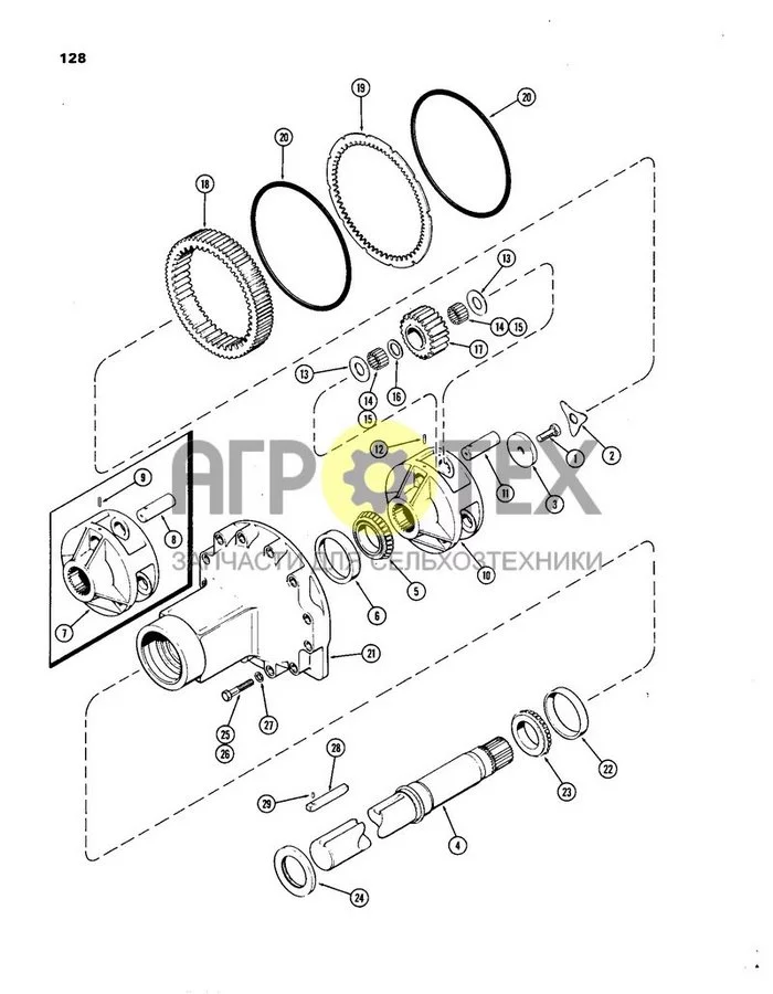 128 - КОРПУС ЗАДНЕГО МОСТА И ПЛАНЕТАРНЫЕ ПЕРЕДАЧИ, ОСЕВОЙ ВАЛ ДИАМЕТРОМ 3-7/8 ДЮЙМОВ (№28 на схеме)