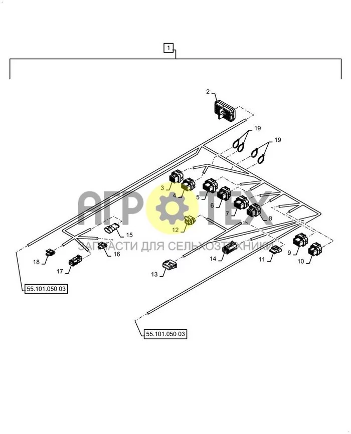 55.101.050[04] - ЖГУТ ПРОВОДОВ, ШАССИ, ЭЛЕКТРОГИДРАВЛИЧЕСКИЙ, В СБОРЕ, РАЗЪЕМ ; (Var) 504W002B01, 505W002B02, 509W002B01, 510W002B01, 511W002B02 ; (Tech Type) TR270B COMPACT TRACK LOADER - STAGE 5 EU (№13 на схеме)