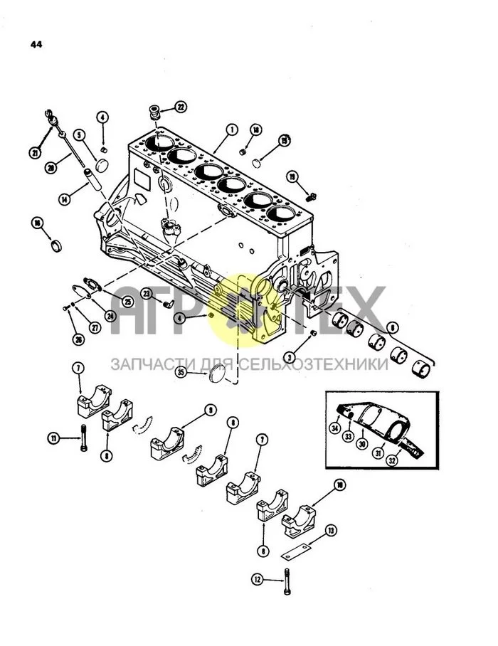 044 - БЛОК ЦИЛИНДРОВ В СБОРЕ, (401B) ДИЗЕЛЬНЫЙ ДВИГАТЕЛЬ, ИСПОЛЬЗОВАВШИЙСЯ ДО ПОЛУЧЕНИЯ СЕРИЙНОГО НОМЕРА ДВИГАТЕЛЯ 2556833 (№34 на схеме)
