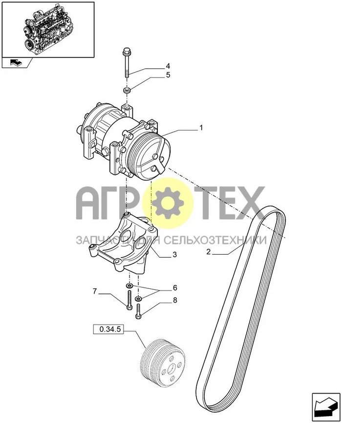 0.88.0/01[01] - AIR CONDITIONING WITH FAST FAN FOR FRONT HPL - BELTS AND  COMPRESSOR (VAR.332638-333638) (№8 на схеме)