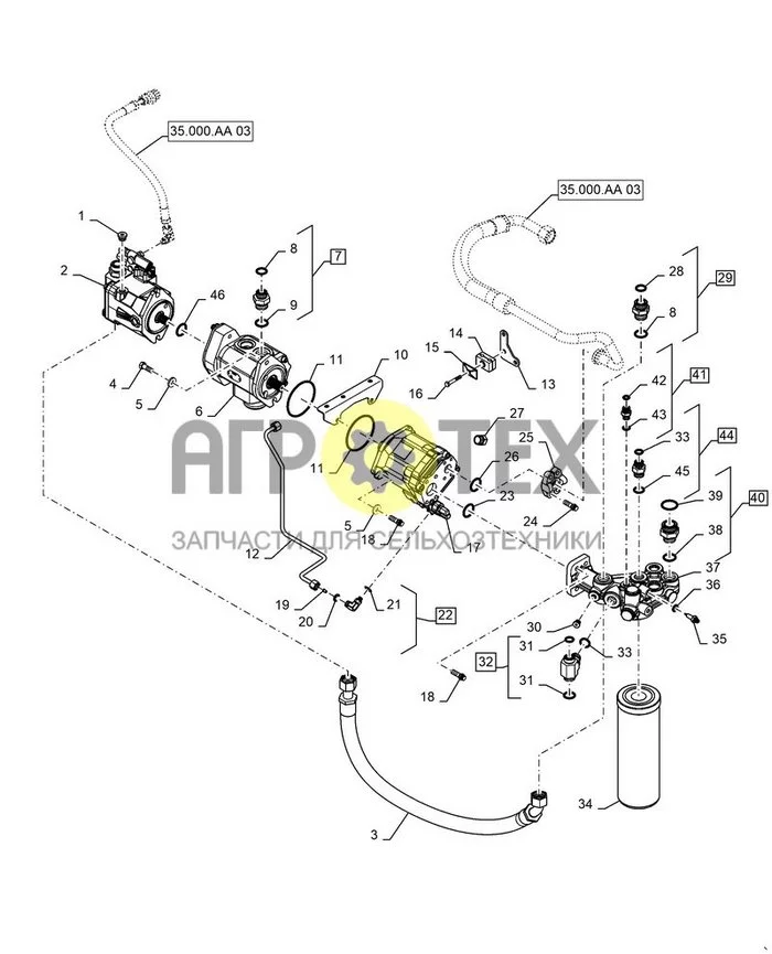 35.000.AA[02] - ГИДРАВЛИЧЕСКАЯ СИСТЕМА, ПОРШНЕВЫЙ НАСОС И ФИЛЬТР, МОЩНОСТЬ ПОТОКА ДВИЖЕНИЯ ПОТОКА / МЕГА - 282 ЛИТЕРАТУРЫ В МИНУТ НА ПУЛЬТАХ REMOTES ; (Var) 420400 (№16 на схеме)