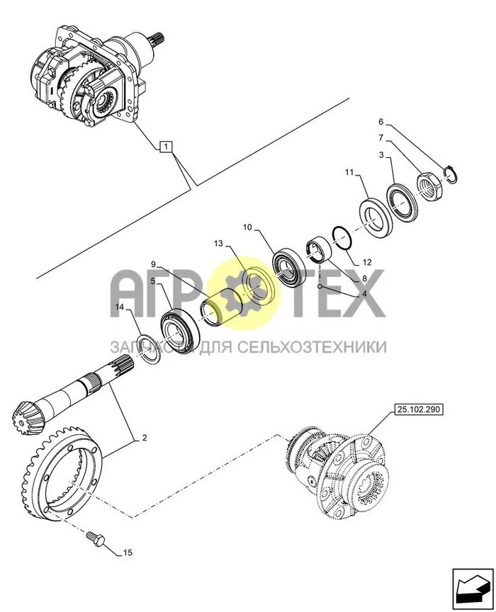 25.102.280 - VAR - 337323, FRONT AXLE, W/ ELECTROHYDRAULIC ENGAGEMENT, W/ ELECTROHYDRAULIC DIFFERENTIAL LOCK, COMPONENTS, BEVEL GEAR, 4WD, (40KM/H), W/ 34' 38' TIRES (№11 на схеме)