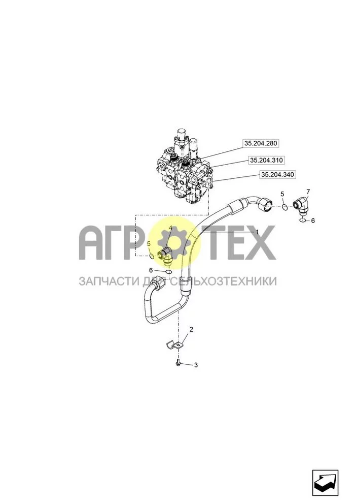 35.204.040 - VAR - 743569, 763306, 763307, REMOTE CONTROL VALVE, RETURN PIPES TO HPL (60LPM, HOSES), LINES ; (Var) 349041001, 349041002, 349042001, 349042002, 349042003, 349043001, 349043002, 349043003, 349124001, 349124002, 349124003, 349124004, 349126001, 349126002, 349126003, 349126004, 349126005, 349128001, 349128002, 349128003, 349128004, 349128005, 349128006 ; (Tech Type) MECHANICAL TRACTOR - W/CAB - STAGE V (EU) (№5 на схеме)