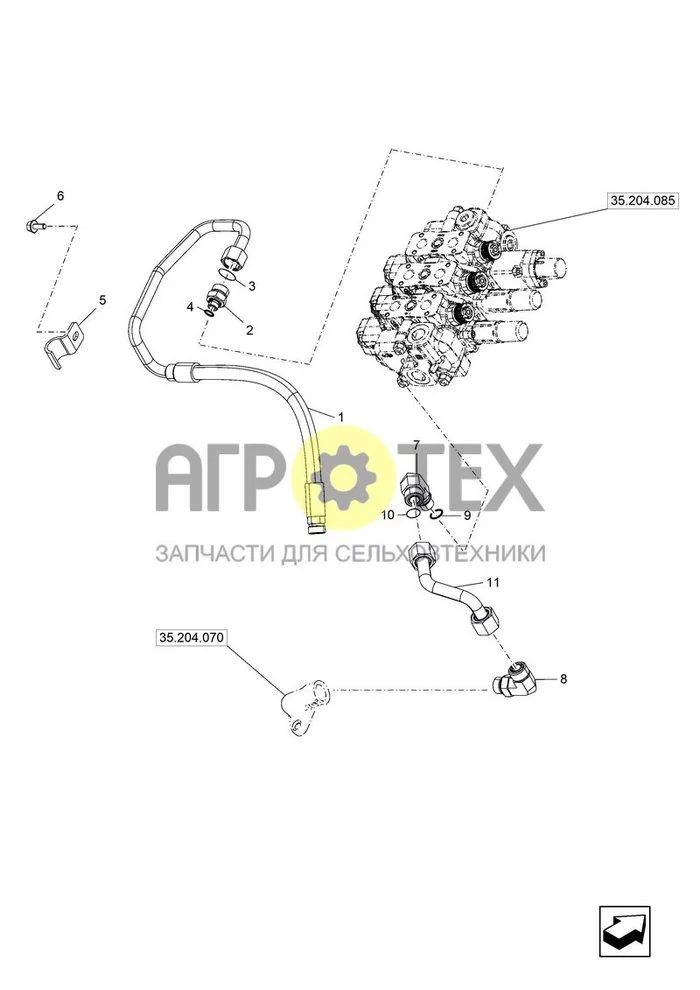 35.204.075 - VAR - 763307, THREE SECTION, REMOTE CONTROL VALVE, PIPE (80 LPM), LINES ; (Var) 349129001, 349129002, 349129003, 349129004, 349129005, 349129006 ; (Tech Type) MECHANICAL TRACTOR - W/CAB - STAGE V (EU) (№9 на схеме)