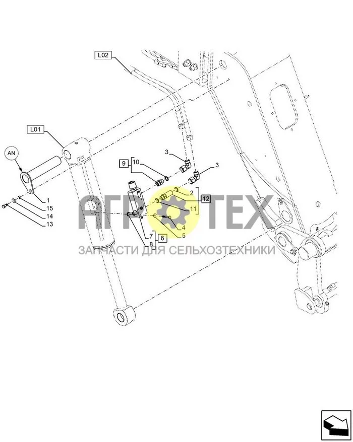 35.740.AN[020] - ЦИЛИНДР НАКЛОНА БАРАБАНА, Установка, 142DEG KINEMATIC ; (Var) 749769051 ; (Tech Type) TELEHANDLER 133HP 40 KPH 7M, UPLIFT - STAGE V (№14 на схеме)