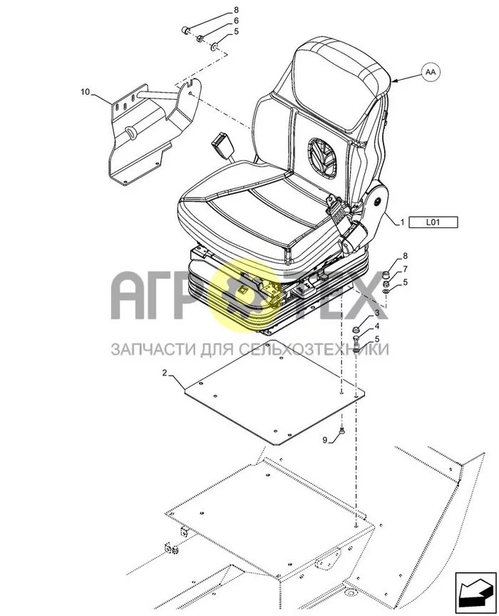 90.120.AA[010] - СИДЕНЬЕ, С ПНЕВМАТИЧЕСКОЙ ПОДВЕСКОЙ, С ПОДОГРЕВАЕМЫМИ ПОДУШКАМИ КРЕСЛА, КРЕПЛЕНИЕ ; (Var) 749785031 ; (Tech Type) TELEHANDLER 145HP 6M, UPLIFT - STAGE V (№5 на схеме)