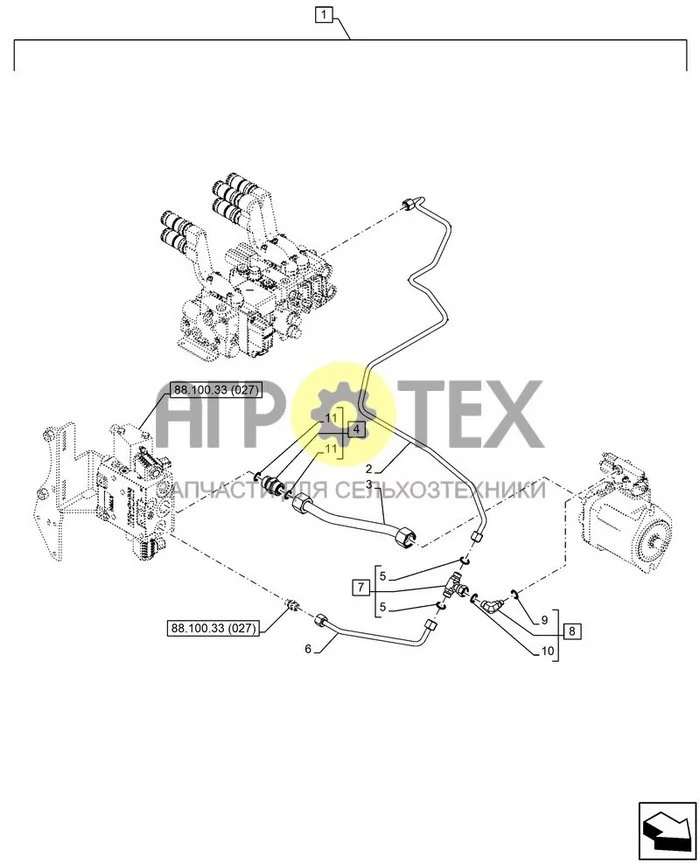 88.100.33[026] - DIA ДИЛЕРСКИЙ КОМПЛЕКТ, ГИДРАВЛИЧЕСКЯ СИСТЕМА, ТРУБОПРОВОД, W/ TRAILER BRAKE VALVE, 100 LTR ; (Tech Type) LUXXUM 100 (№9 на схеме)