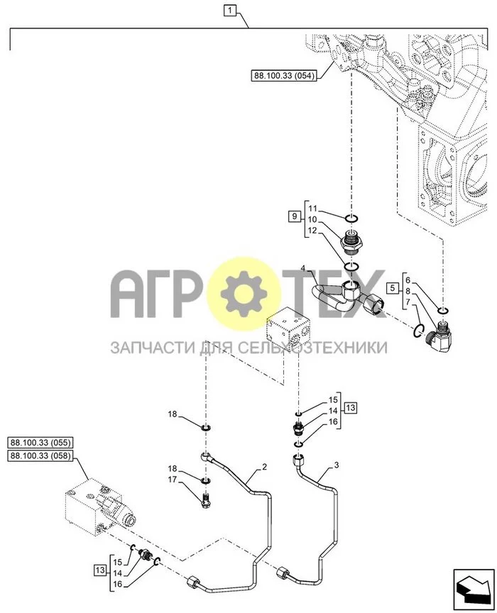 88.100.33[065] - DIA ДИЛЕРСКИЙ КОМПЛЕКТ, ГИДРАВЛИЧЕСКИЕ, ТОРМОЗА ПРИЦЕПА, ТРУБОПРОВОД, TRIPLE LINE ; (Tech Type) QUANTUM FARMALL 100CL L/CAB (№18 на схеме)