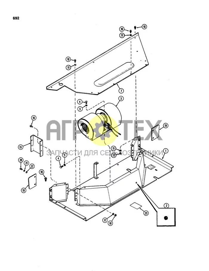 692 - PLENUM, CAB, WITH OUT HEATER OR AIR CONDITIONER, FIRST USED CAB SERIAL NUMBER 7814176 (№18 на схеме)