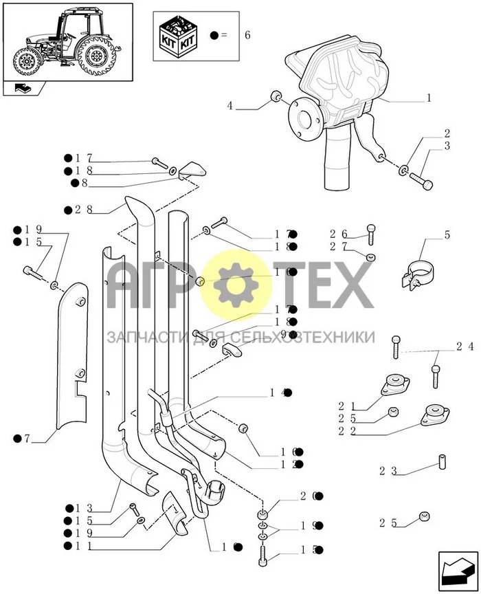 1.15.1/02 - 'A' PILLAR TYPE VERTICAL EXHAUST W/ GUARD SHIELD FOR CAB - W/OPENING WINDSCREEN (VAR.332466) (№2 на схеме)