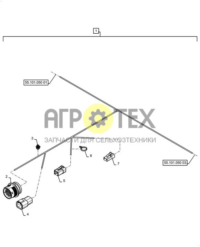 55.101.050[02] - ЖГУТ ПРОВОДОВ, ШАССИ, МЕХАНИЧЕСК., В СБОРЕ, РАЗЪЕМ ; (Var) 504W002E01, 505W002E02, 509W002E01, 510W002E01, 511W002E02 ; (Tech Type) TR270B COMPACT TRACK LOADER - STAGE 5 EU (№6 на схеме)