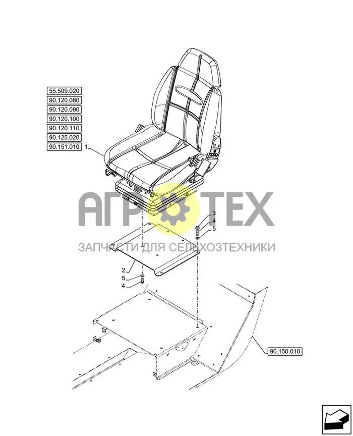 90.120.070 - VAR - 749784 - СИДЕНЬЕ, С ПНЕВМАТИЧЕСКОЙ ПОДВЕСКОЙ, С ПОДОГРЕВАЕМЫМИ ПОДУШКАМИ КРЕСЛА, КРЕПЛЕНИЕ ; (Tech Type) FARMLIFT 633 (№5 на схеме)