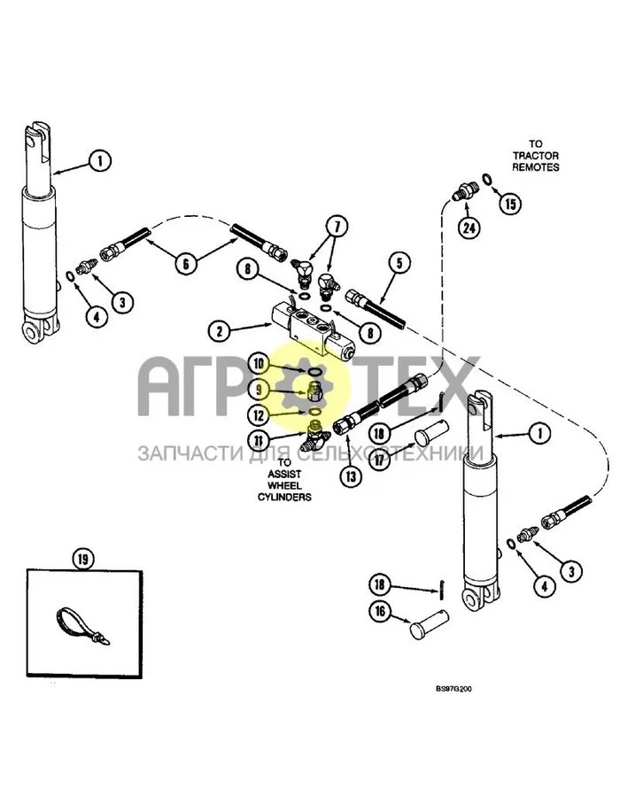МОТОВИЛА, 8-008 - ГИДРАВЛИЧЕСКАЯ СИСТЕМА МАРКИРОВКИ РЯДОВ, CYCLO AIR, ПОЛУНАВЕСНАЯ, ДЛЯ КУКУРУЗЫ/СОИ, СПЕЦИАЛЬНАЯ (№19 на схеме)
