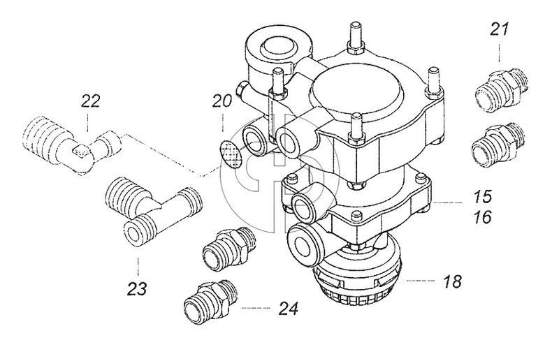 53082-3500022-04 Клапан управления тормозами прицепа с соединительной арматурой (№15 на схеме)