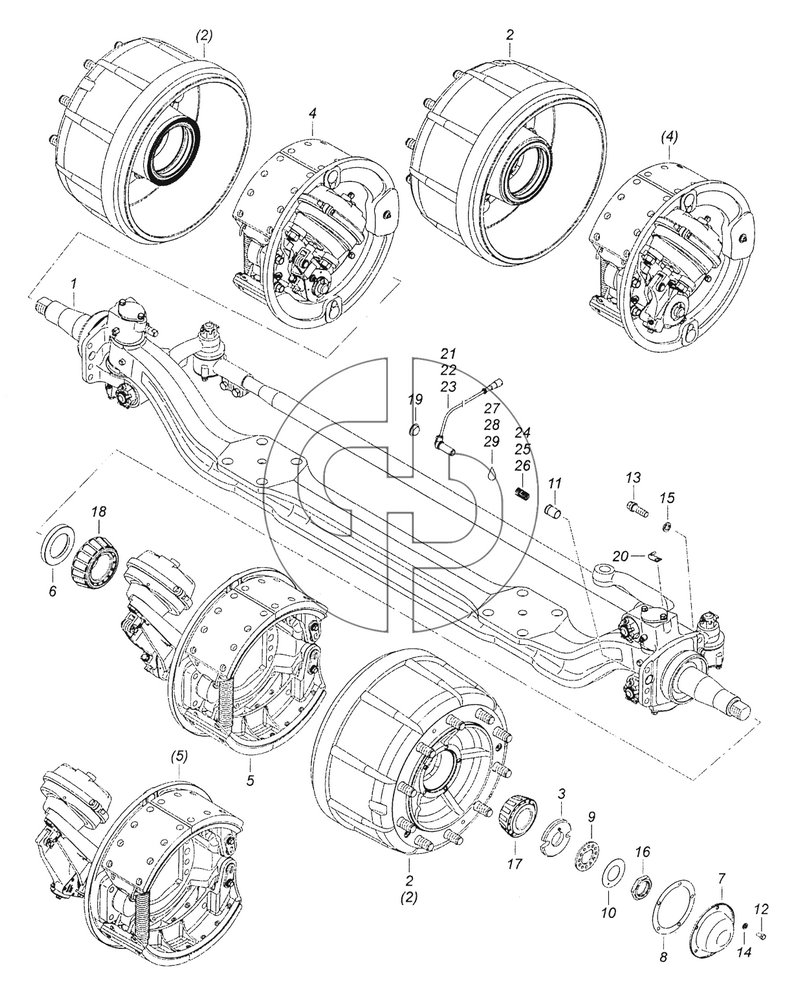 65115-3000012-13 Ось передняя с тормозами - Front axle with brakes (№7 на схеме)