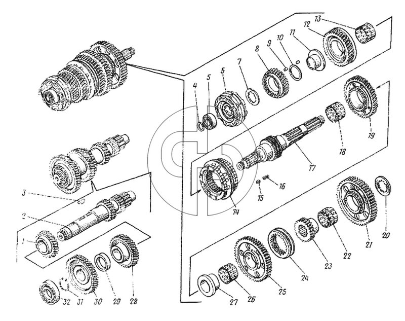 Валы и шестерни коробки передач (№22 на схеме)