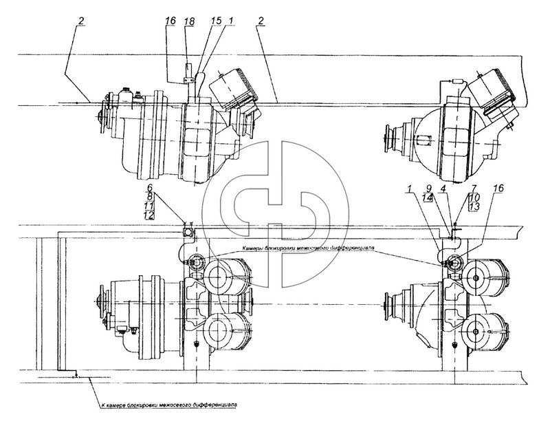 Привод блокировки межколесных дифференциалов (№14 на схеме)
