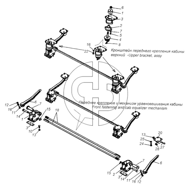 Переднее крепление и механизм уравновешивания кабины (№18 на схеме)