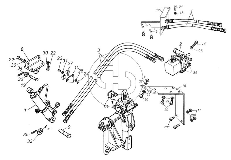 Установка цилиндра и трубопроводов опрокидывающего механизма кабины и ДЗК (№2 на схеме)