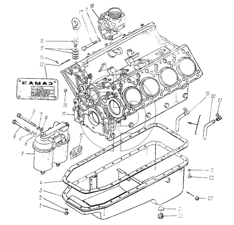 Блок цилиндров, картер масляный и фильтр очистки масла (№25 на схеме)