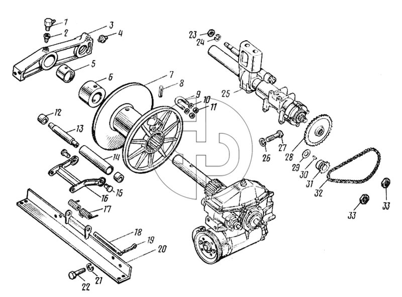 Тросоукладчик лебедки, барабан троса и поперечина (№30 на схеме)