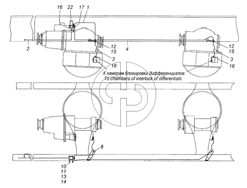 Привод блокировки межколесных дифференциалов (№15 на схеме)