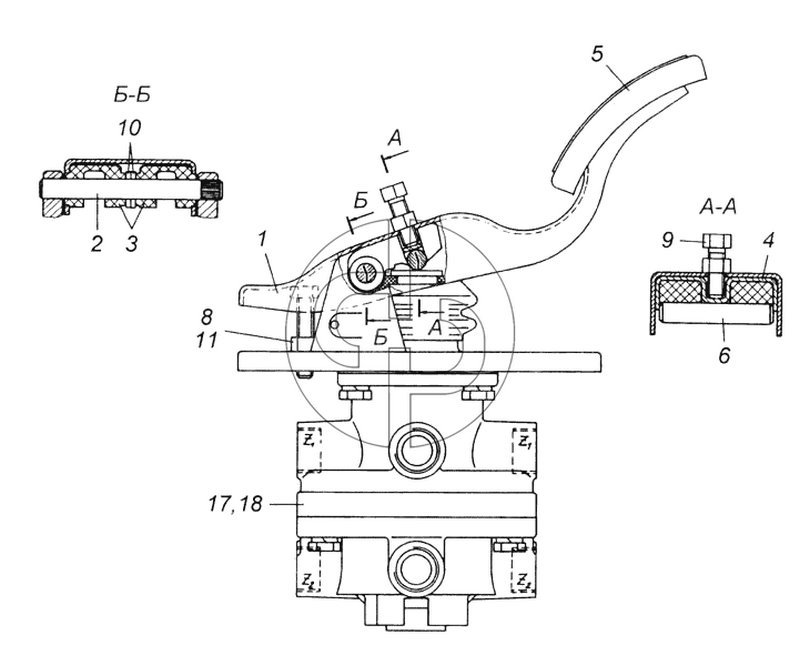 Кран тормозной двухсекционный с педалью в сборе (№17 на схеме)