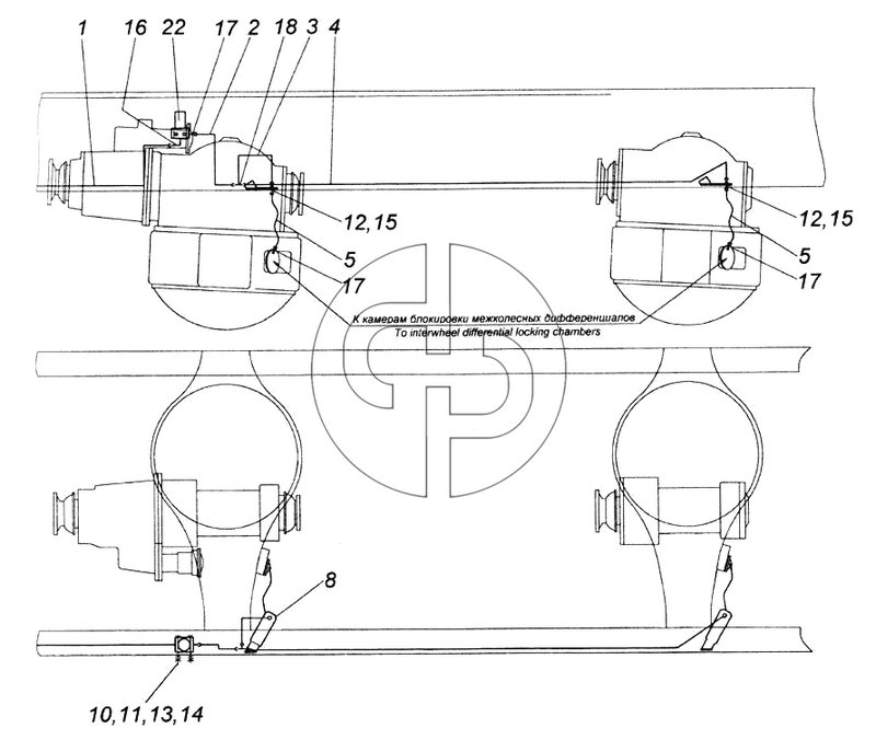 Привод блокировки межколесных дифференциалов (№15 на схеме)