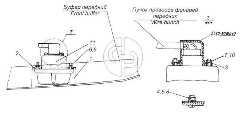 Установка фонарей передних (№1 на схеме)