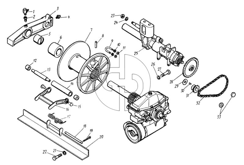 Лебедка с редуктором, поперечиной и тросоукладчиком в сборе (№30 на схеме)