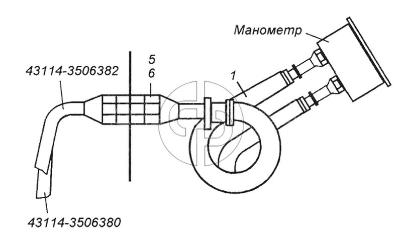 Установка трубопроводов к манометру 43114-3830001 (№1 на схеме)