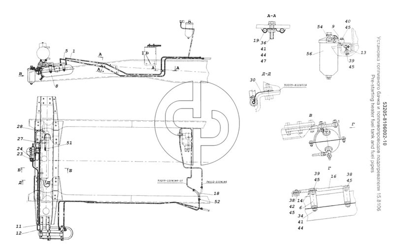 Установка топливного бачка и топливопроводов подогревателя 15.8106 (№54 на схеме)